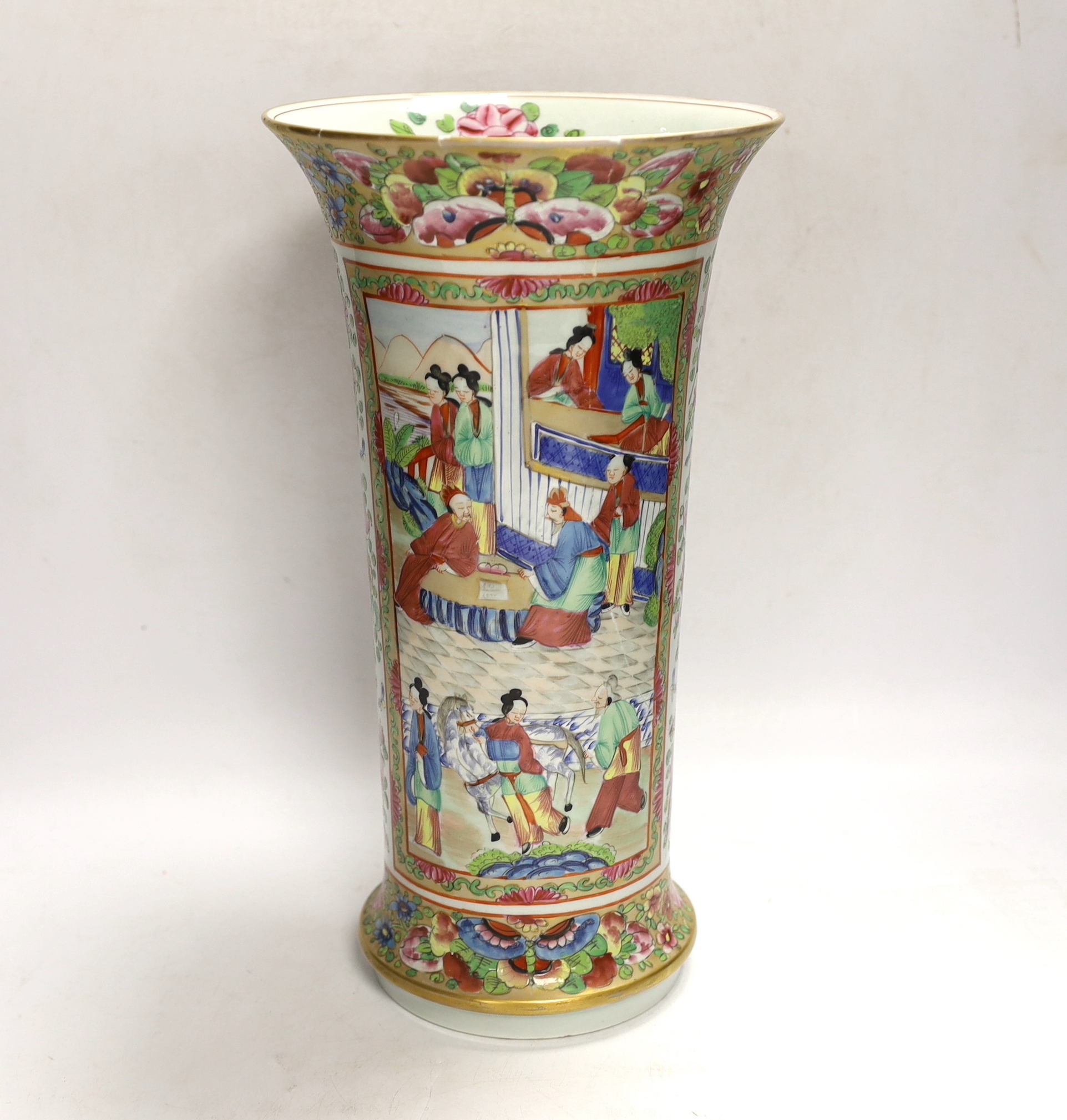 A Chinese Canton decorated famille rose trumpet vase, 33cm high (a.f.)